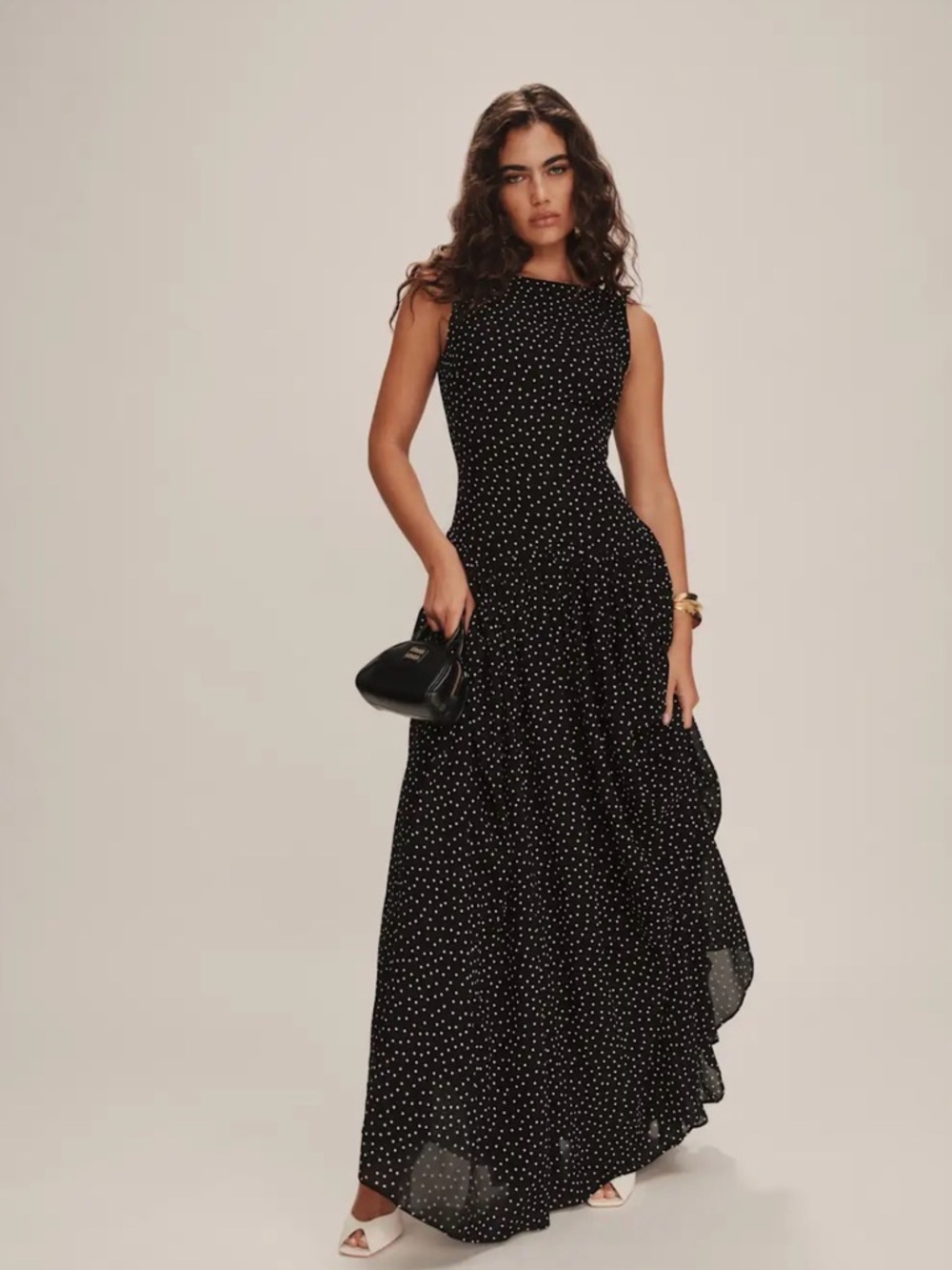 Reformation Camella Dress in Black Polka Dot, Size 8